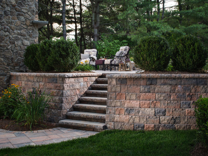 Block Retaining Wall, Paver Walkway, Tumbled Stone Steps